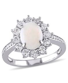 This stunning halo ring features an oval-cut white opal surrounded by round-cut white topaz stones while a total of 12 pave-set diamond accents shimmer along the band. This ring is crafted in sterling silver Topaz Stone, Jewelry Repair, Halo Ring, Halo Rings, White Opal, White Topaz, Custom Rings, Oval Cut, Online Jewelry