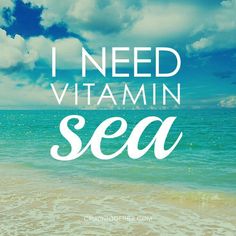 the words i need vitamin sea written in white on a blue sky and ocean background