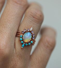 Ocean Ring Set, Engagement Ring Set with Oval Australian Fire Opal Luxury Unique Turquoise Opal Ring, Peacock Blue Opal Ring, Opal Engagement Ring Set, Ocean Ring, Wedding Ring Sets Unique, Opal Engagement, Engagement Rings Opal, Wedding Rings Unique, Cool Ideas