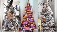 three halloween trees decorated with black and white decorations