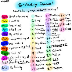 the birthday game is written in different colors