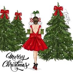 a woman in a red dress is standing next to christmas trees with presents on them