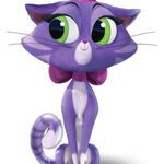 a purple cat with green eyes sitting down