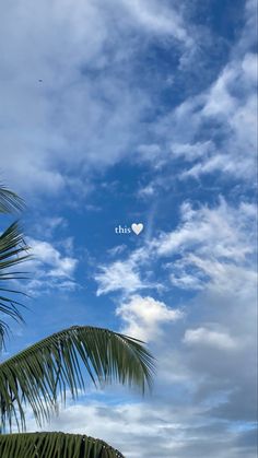 a heart shaped balloon flying in the sky above some palm trees and beach chairs under a partly cloudy blue sky