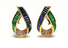 Charles Krypell 18K Gold Emeralds Sapphire Diamond Earrings Gemstones Earrings, Sapphire And Diamond Earrings, French Clip, Costume Jewelry Earrings, Belt Purse, Ribbon Design, Earring Sale, Baguette Cut, Stunning Earrings