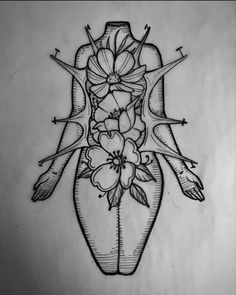 a drawing of a vase with flowers and arrows on it's side, in the shape of a heart