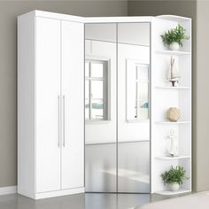 a white closet with shelves and plants in it