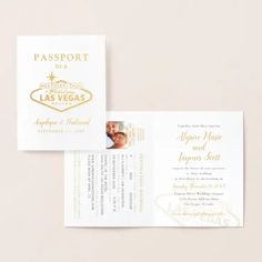 the las vegas wedding stationery is shown on top of a white card with gold foil