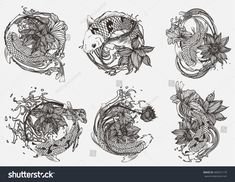 four different types of fish and flowers in black and white ink on a white background