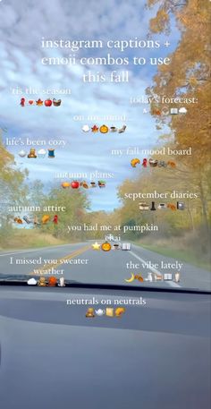 an instagram caption on the dashboard of a car with autumn trees in the background