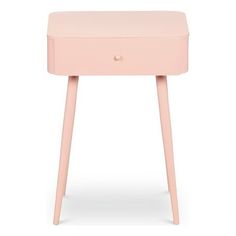 a small pink table with two legs and a drawer on the top, in front of a white background