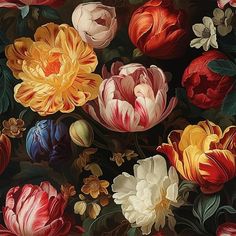 a bunch of flowers that are in the middle of some kind of painting on paper