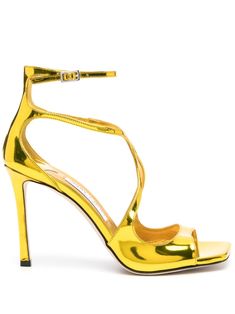 yellow leather high-shine detailing square open toe cut-out detailing branded leather insole 95mm high heel buckle-fastening ankle strap Luxury Yellow Sandals With Heel Strap, Luxury Yellow High Heel Sandals, Luxury Yellow Chic Heels, Luxury Yellow High Heel, Yellow Jimmy Choo Heels, Yellow Leather, Leather Sandals, Women's Shoes Sandals, Jimmy Choo