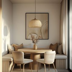 a dining room table with four chairs and a bench in front of it, next to a painting on the wall