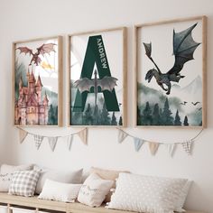 three framed pictures hang on the wall above a bench with pillows and throw pillows in front of them