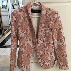 Zara Tapestry Jacket In Peach Tones Elegant Floral Print Formal Outerwear, Fitted Floral Print Winter Blazer, Fitted Floral Print Blazer For Winter, Floral Print Long Sleeve Blazer For Party, Long Sleeve Floral Print Blazer For Party, Formal Floral Print Outerwear For Spring, Formal Fall Floral Print Blazer, Elegant Formal Outerwear With Floral Print, Formal Long Sleeve Floral Print Outerwear