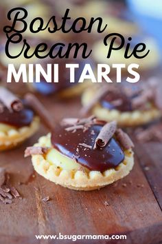 boston cream pie mini tarts on a cutting board