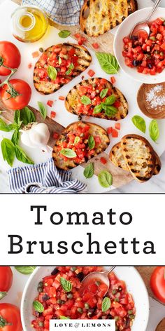 tomato bruschetta with basil and olives on the side