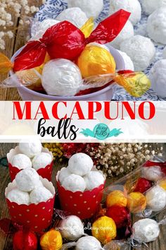 two pictures show different types of macaroni balls in red and white containers on a wooden table