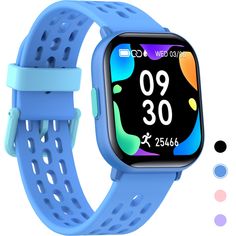 an image of a smart watch with blue strap and colorful circles around it's wrist