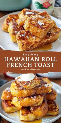 Hawaiian Roll French Toast Roll Up French Toast, Brunch Ideas French Toast, Christmas Bake Breakfast, Hawaiian Roll Uses, Delicious Brunch Ideas, What Goes With French Toast, Foods With Recipe, Hawaiian Sweet Bread French Toast