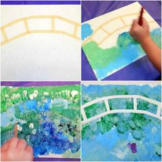 four different pictures with watercolors and handmade artwork on them, including an image of a bridge