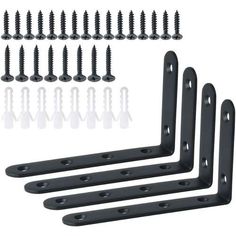 six black metal brackets and screws on a white background