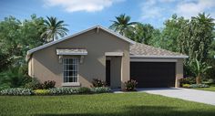 this is a computer rendering of a house in the florida style with palm trees and shrubs