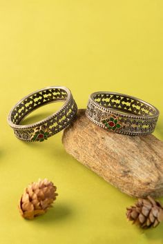 92.5 silver, gold toned 2 pcs bangle with floral carved detailing and kundan embellishment. - Aza Fashions Jewellery Bangles Gold, Jewellery Bangles, Bangles Gold, Buy Gold, Bangles Jewelry, Cut Work, Gold Bangles, Aza Fashion, Online Jewelry