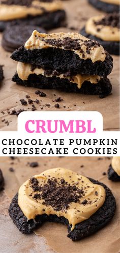 chocolate pumpkin cheesecake cookies with crumbl frosting on top and in the middle