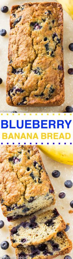 blueberry banana bread is cut into slices and stacked on top of each other with the words, blueberry banana bread