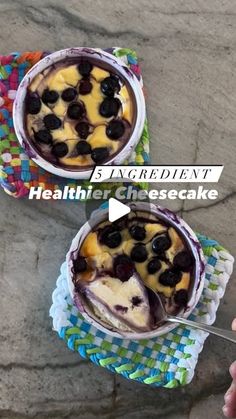 two desserts with blueberries and cheese on top are shown in the same pan