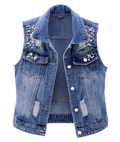 PRICES MAY VARY. Turn Down Collar, Single Breasted Sleeveless distressed jeans denim vest ,constructed from soft denim with two flap chest pockets,button closure Hand or machine wash With cold water, do not bleach Perfect for Travelling, Outdoor, Lounge Autumn Jeans, Pearls Fashion, Waistcoat Fashion, Denim Waistcoat, Streetwear Korean, Moda Denim, Women Vest, Fall Jeans, Jean Vest