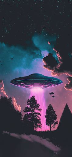 an alien spaceship flying through the night sky with trees and clouds in front of it