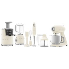 an assortment of kitchen appliances including blenders and mixers