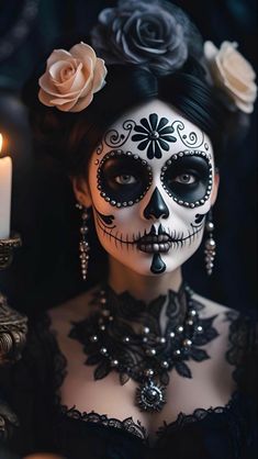 Makijaż Sugar Skull, Sugar Skull Artwork, Dead Makeup, Den Mrtvých, Halloween Makeup Diy, Halloween Beauty