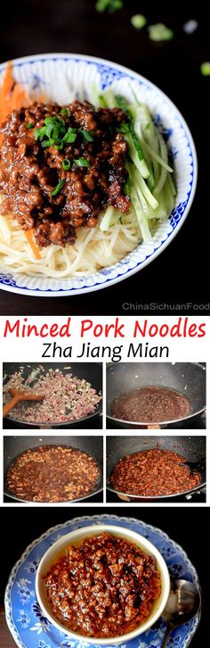 a collage of pictures showing how to make minced pork noodles