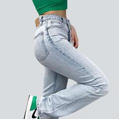 Prepare to make a statement this summer with our 90s-inspired light blue Women's Straight Jeans from the 2023 Spring-Summer Collection! With its high-waist. zipper and button closure. unprocessed hem. and effortless vintage charm. you'll be sure to turn heads wherever you go.Distinctive Features: 90s Style: Embrace the nostalgia of the 20th-century with this timeless vintage look. Light Wash: Look your best and beat the heat with the light wash of this stylish jean. Straight Fit: Enjoy the sleek Trendy Non-stretch Straight Bottoms, Light Blue Wide Leg Jeans For Summer, Trendy Straight Bottoms For Spring, Trendy Light Blue Flare Jeans For Summer, Light Wash Mid-rise Mom Fit Bottoms, Trendy Light Blue Straight Leg Jeans, Trendy Washed Blue Summer Flare Jeans, Light Wash Mom Fit Mid-rise Bottoms, Light Blue Denim Flare Jeans For Summer