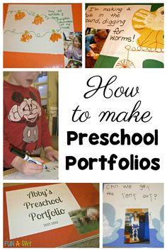 several pictures of children's writing and crafts with the words how to make preschool porfolios