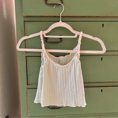 Super Cute Mint Green Tank With Cream Ruffle Neckline And Straps Never Worn Raw Hem @ Bottom One Size But Fits Xs/S Summer Cotton Crop Top With Ruffled Straps, Summer Tops With Lace Trim And Ruffled Straps, Cotton Tops With Ruffled Straps For Day Out, Spring Camisole Top With Lace Trim, Cute Ruffled Tank Top For Spring, Spring Cami Tops With Lace Trim, Spring Cotton Tank Top With Ruffles, Spring Cotton Crop Top With Ruffled Straps, Cute Ruffled Crop Top For Spring