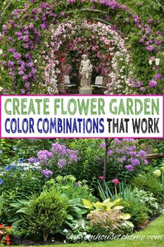 a garden filled with lots of purple flowers and greenery next to a pink sign that says, create flower garden color combinations that work