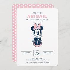 a minnie mouse birthday party card with polka dots