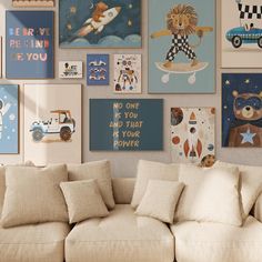 a living room filled with furniture and lots of pictures on the wall above it's couch