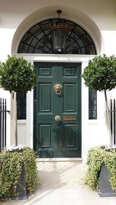 a green front door with two potted trees on either side and an arched window above it