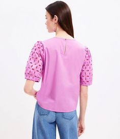 Eyelet details treat this fluid woven blouse to fresh and flirty flair that will pretty up every outfit. Round neck. Short sleeves with puff shoulders and elasticized cuffs. Back button keyhole.,Hit:Hit: Hits at hip,Imported:Imported,Fit:Fit: Classic — follows your contours with a little room,Length:21 3/4" long,Fabrication:Body- 100% Cotton, Embroidery- 100% Polyester,Garment Care:Machine Washable Loft Petite Poplin Eyelet Puff Sleeve Blouse Size XL Lilac Taffy Women's by Loft Size Petite - XL Summer Workwear Blouse With Elastic Sleeves, Pink Summer Tops With Elastic Sleeves, Spring Workwear Tops With Elastic Sleeves, Trendy Spring Blouse With Elastic Sleeves, Feminine Summer Tops With Elastic Sleeves, Trendy Blouse With Elastic Sleeves For Spring, Spring Workwear Puff Sleeve Top With Balloon Sleeves, Spring Workwear Puff Sleeve Balloon Top, Trendy Spring Top With Blouson Sleeves