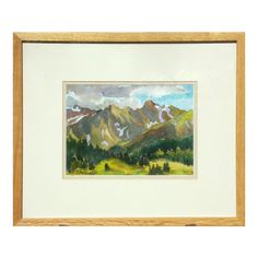 a watercolor painting of mountains with trees in the foreground