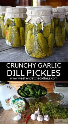 pickles in glass jars with the title crunchy garlic dill pickles