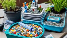 some plants and rocks in containers on a table