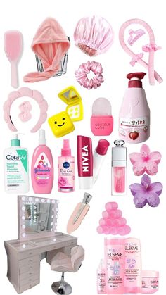 various items are arranged in the shape of a collage on a white background, including hairdryer, soaps, and other beauty products