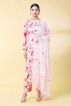 Baby pink straight kurta with floral bloom prints and aari, zardozi placement hand embroidery. Paired with a coordinating pant and scallop trimmed dupatta with scattered hand embroidered buttis. - Aza Fashions Pink Floral Print Straight Kurta Traditional Wear, Pink Chanderi Kurta With Floral Print, Pink Floral Chanderi Kurta, Pink Floral Print Chanderi Kurta, Rhea Kapoor, Mira Rajput, Sanya Malhotra, Kurta Pant Set, Parineeti Chopra